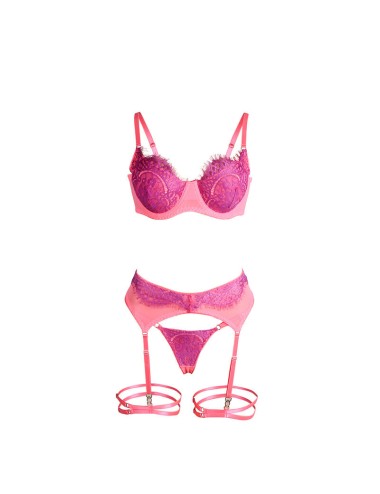 SUBBLIME - 955366 BRA SET WITH LACE AND GARTER LINES PINK AND PURPLE L/XL