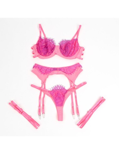 SUBBLIME - 955366 BRA SET WITH LACE AND GARTER LINES PINK AND PURPLE L/XL
