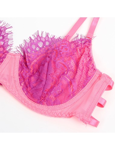 SUBBLIME - 955366 BRA SET WITH LACE AND GARTER LINES PINK AND PURPLE L/XL