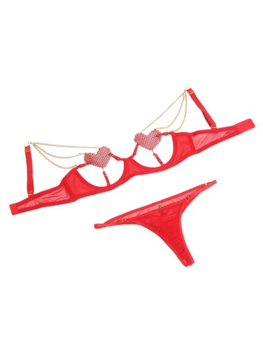 SUBBLIME - 955519 BRA SET WITH CHAINS AND MESH HEART RED S/M