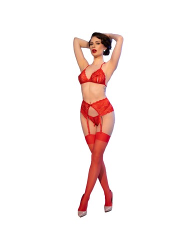 CHILIROSE - CR 4848 RED LACE BRA + THONG + STOCKINGS SET S