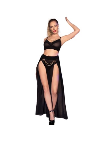CHILIROSE - CR 4672 BLACK TOP SKIRT AND THONG WITH GOLDEN CHAINS L