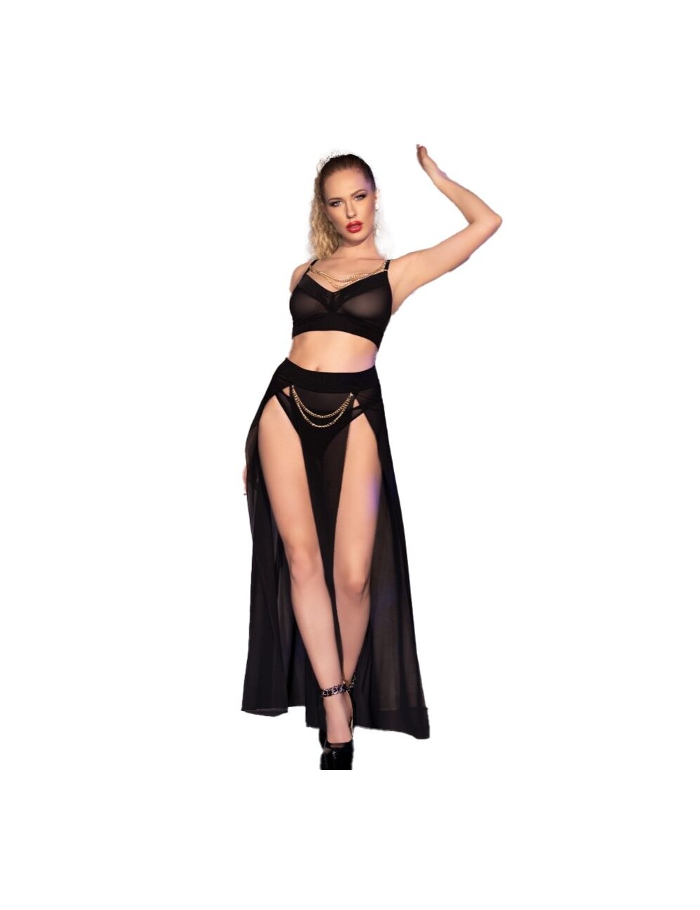 CHILIROSE - CR 4672 BLACK TOP SKIRT AND THONG WITH GOLDEN CHAINS XL CHILIROSE - CR 4672 BLACK TOP SKIRT AND THONG WITH GOLDEN CHAINS XL
