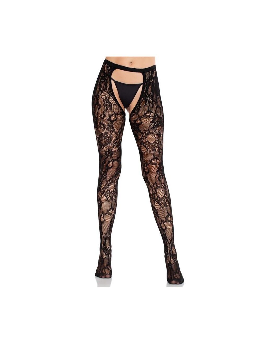 LEG AVENUE - ROSE LACE STOCKINGS WITH OPEN BACK BLACK LEG AVENUE - ROSE LACE STOCKINGS WITH OPEN BACK BLACK