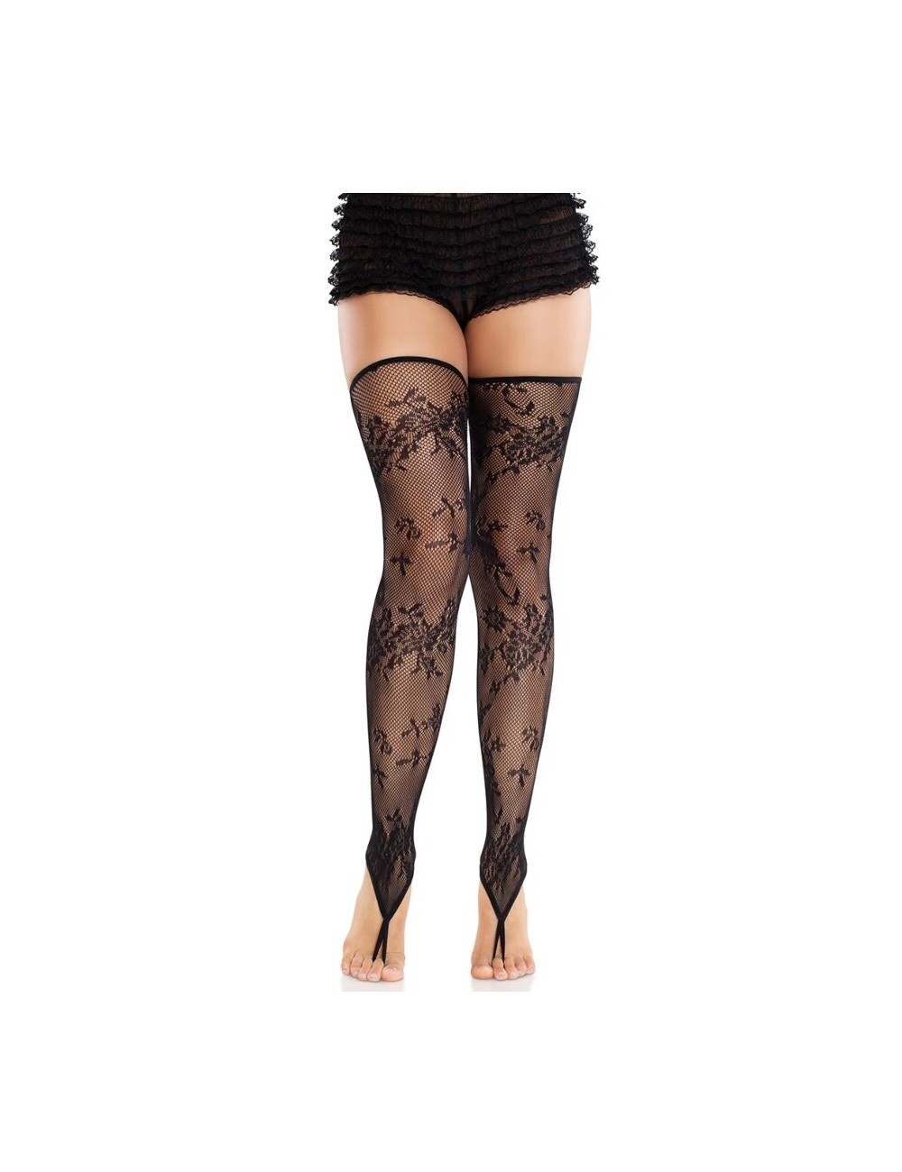 LEG AVENUE - FLORAL LACE FOOTLESS STOCKINGS BLACK LEG AVENUE - FLORAL LACE FOOTLESS STOCKINGS BLACK