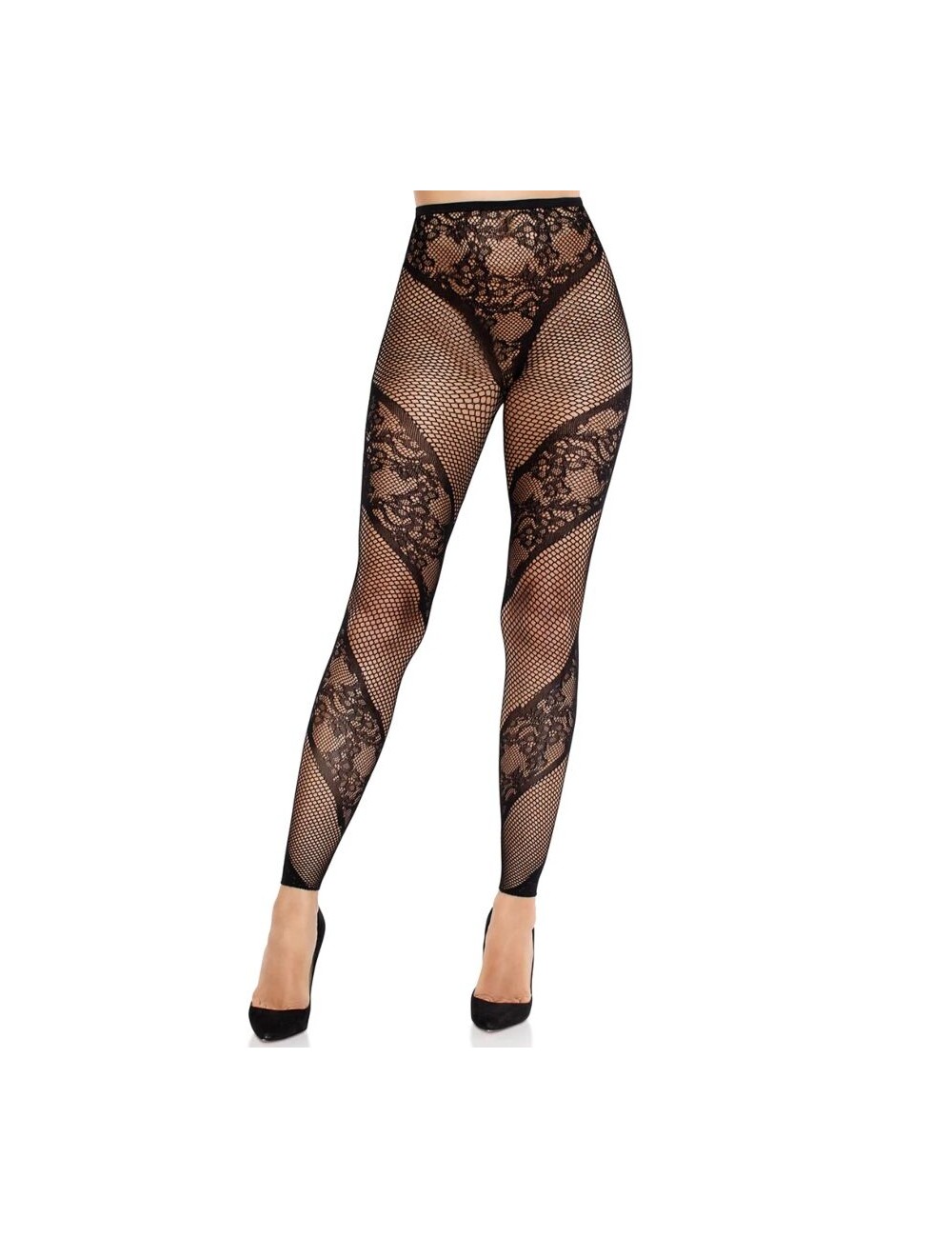LEG AVENUE - LACE AND SHEER FOOTLESS TIGHTS BLACK LEG AVENUE - LACE AND SHEER FOOTLESS TIGHTS BLACK