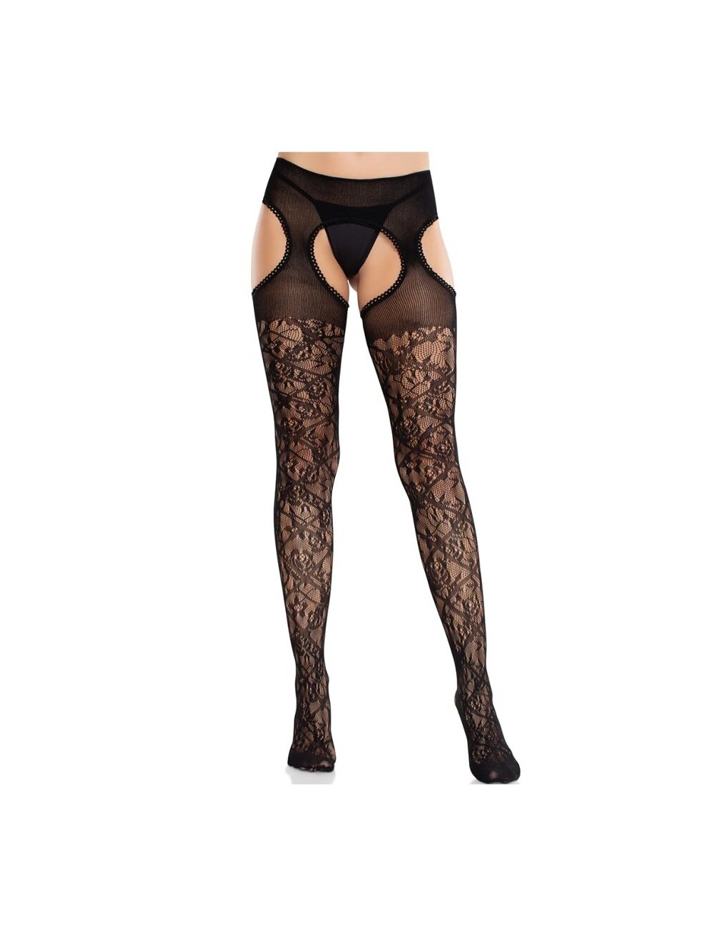LEG AVENUE - FLORAL LACE STOCKINGS WITH GARTERS UNITED BLACK LEG AVENUE - FLORAL LACE STOCKINGS WITH GARTERS UNITED BLACK