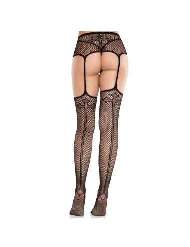 LEG AVENUE - LACE STOCKINGS WITH CROSS AND GARTER BELT BLACK