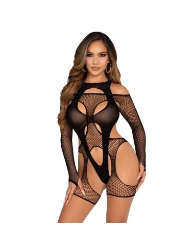 LEG AVENUE - FISHNET BODYSTOCKING WITH GARTER BELT AND HARNESS BLACK