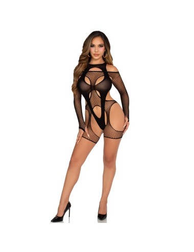 LEG AVENUE - FISHNET BODYSTOCKING WITH GARTER BELT AND HARNESS BLACK
