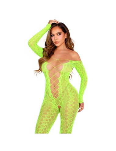 LEG AVENUE - CROTCHLESS BODYSTOCKING EXOTIC SNAKE LACE NEON GREEN