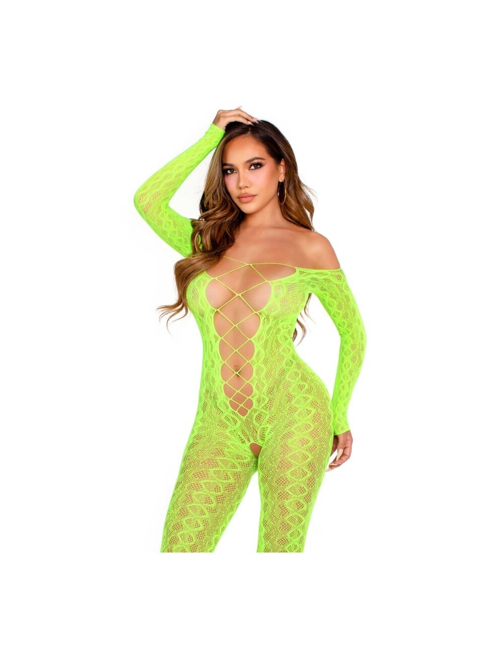 LEG AVENUE - CROTCHLESS BODYSTOCKING EXOTIC SNAKE LACE NEON GREEN