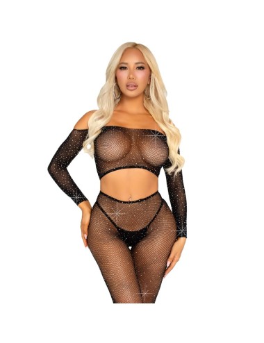 LEG AVENUE - CROP TOP AND FISHNET LEGGING WITH RHINESTONES BLACK