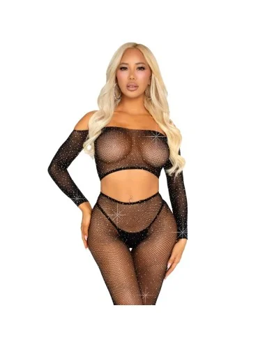LEG AVENUE - CROP TOP AND FISHNET LEGGING WITH RHINESTONES BLACK
