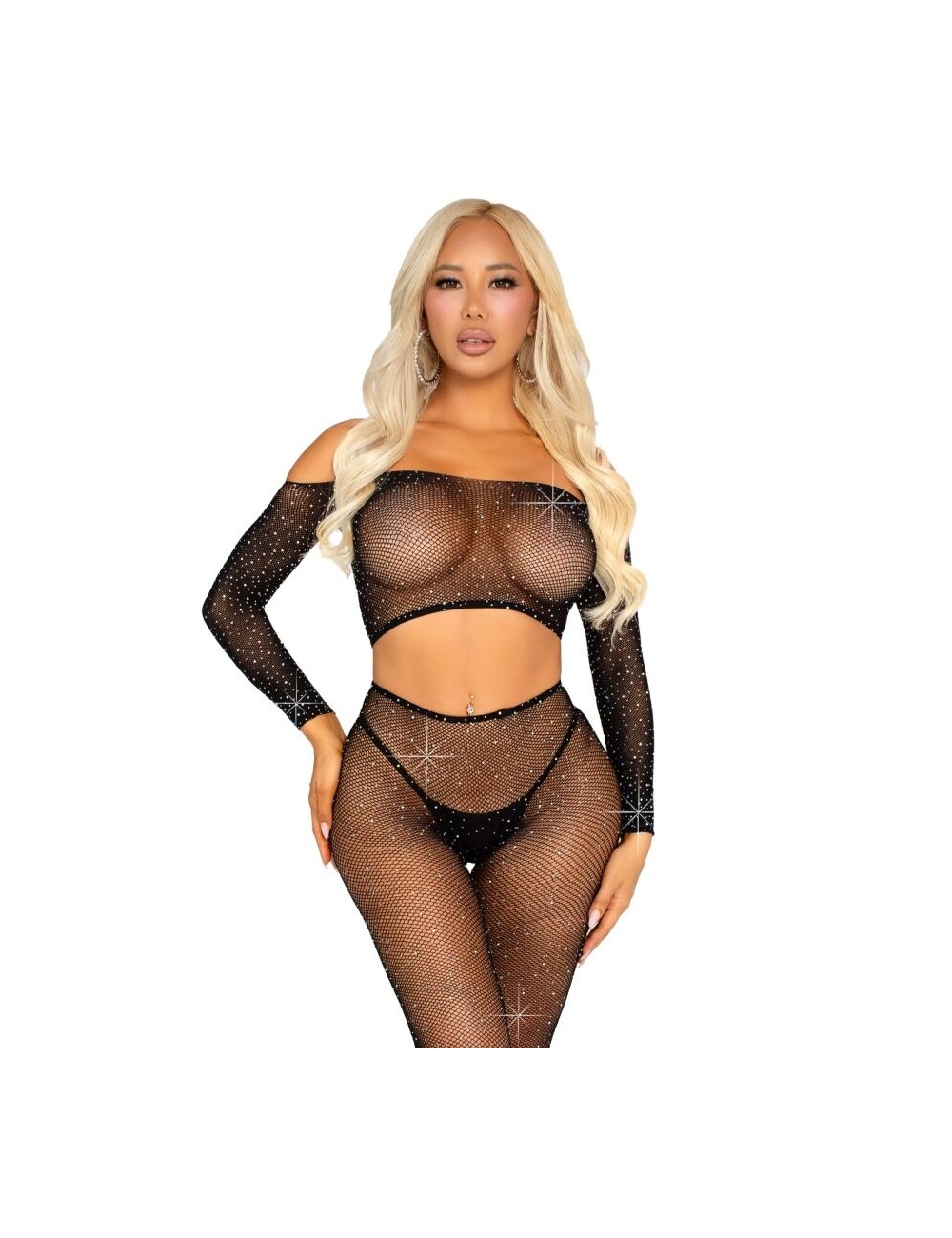 LEG AVENUE - CROP TOP AND FISHNET LEGGING WITH RHINESTONES BLACK