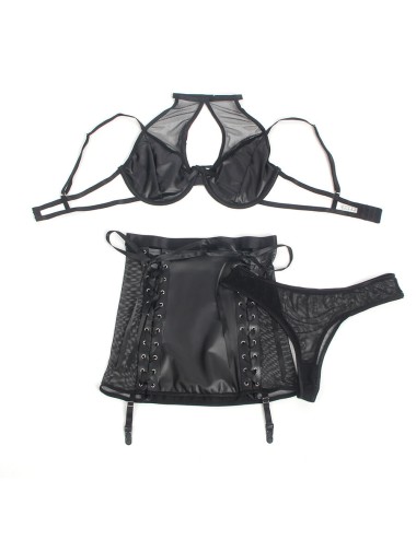 SUBBLIME - 957582 LEATHER BRA AND SKIRT SET BLACK S/M