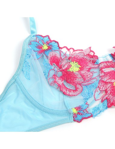SUBBLIME - 957643 FLOWER EMBROIDERED BRA AND GARTER BELT SET PINK S/M