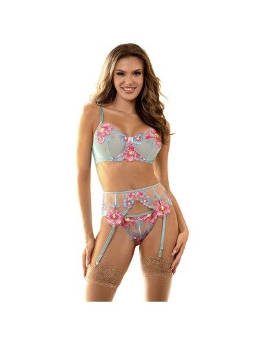 SUBBLIME - 957650 FLOWER EMBROIDERED BRA AND GARTER BELT SET PINK L/XL