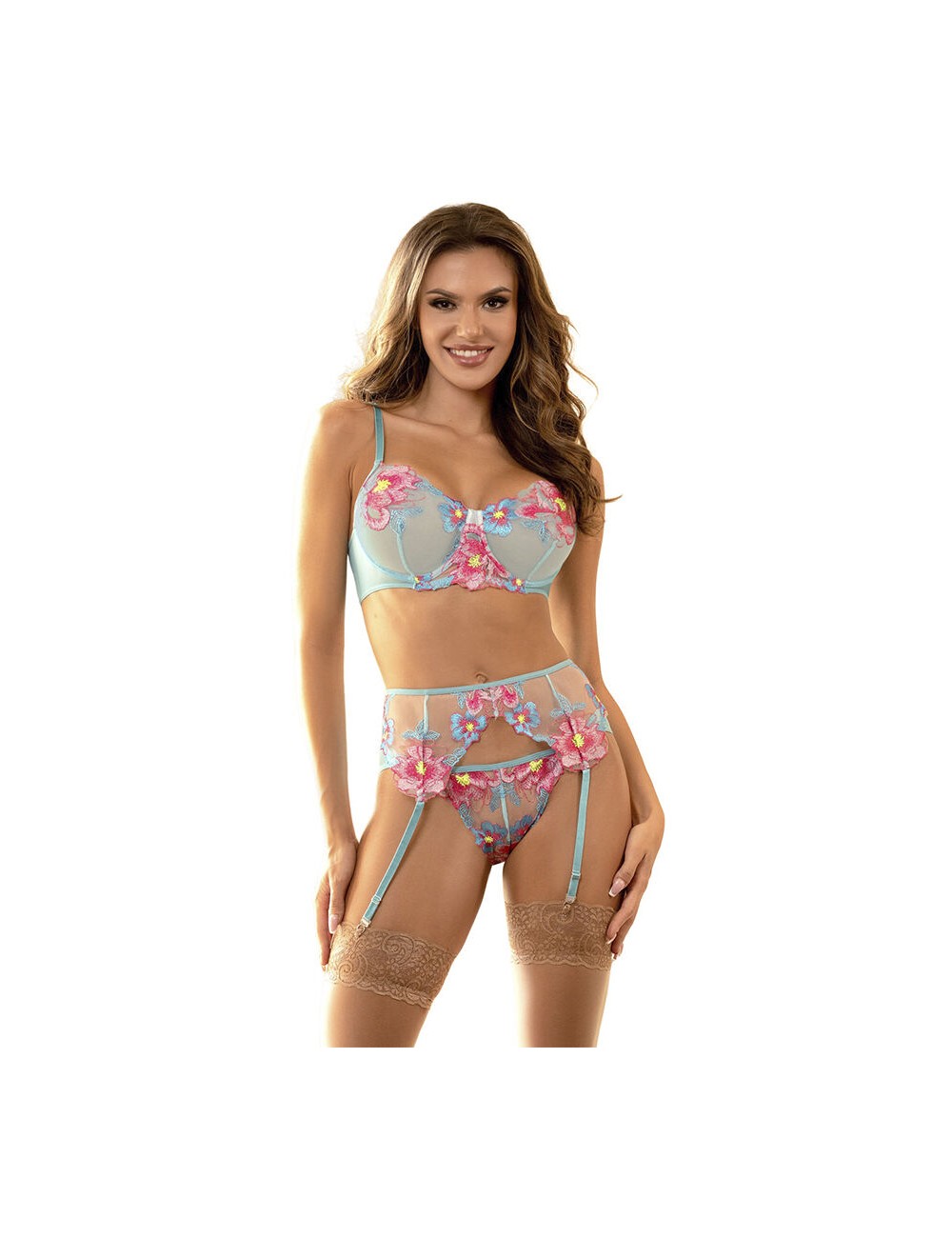 SUBBLIME - 957650 FLOWER EMBROIDERED BRA AND GARTER BELT SET PINK L/XL SUBBLIME - 957650 FLOWER EMBROIDERED BRA AND GARTER BELT SET PINK L/XL