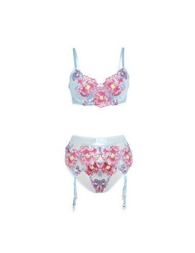 SUBBLIME - 957650 FLOWER EMBROIDERED BRA AND GARTER BELT SET PINK L/XL