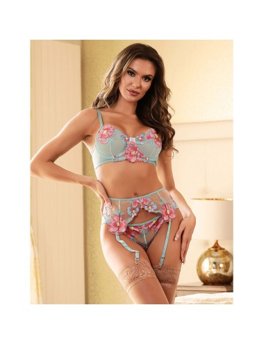 SUBBLIME - 957650 FLOWER EMBROIDERED BRA AND GARTER BELT SET PINK L/XL