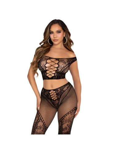 LEG AVENUE - CROP TOP AND FISHNET LEGGING WITH BARE SHOULDERS BLACK