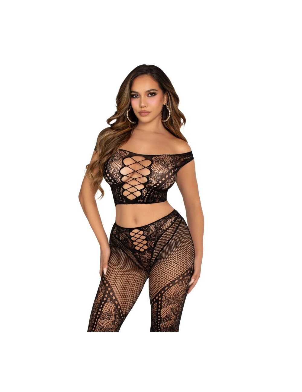 LEG AVENUE - CROP TOP AND FISHNET LEGGING WITH BARE SHOULDERS BLACK LEG AVENUE - CROP TOP AND FISHNET LEGGING WITH BARE SHOULDERS BLACK