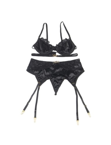 SUBBLIME - SET OF 3 PIECES BRA + THONG + LACE GARTER BLACK S/M