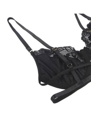 SUBBLIME - SET OF 3 PIECES BRA + THONG + LACE GARTER BLACK S/M