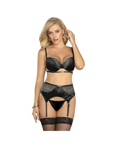 SUBBLIME - SET OF 3 PIECES BRA + THONG + LACE GARTER BLACK L/XL