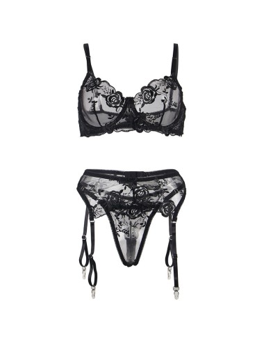 SUBBLIME - 945244 BRA + PANTIES WITH GARTER BELT FLORAL DESIGN BLACK L/XL