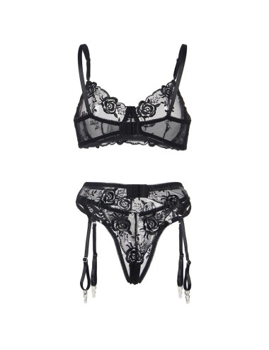 SUBBLIME - 945244 BRA + PANTIES WITH GARTER BELT FLORAL DESIGN BLACK L/XL