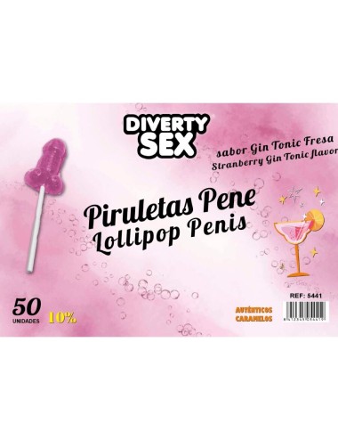 DIABLO GOLOSO - 50 PENIS LOLLIPOPS GIN TONIC STRAWBERRY FLAVOR 10% ALCOHOL