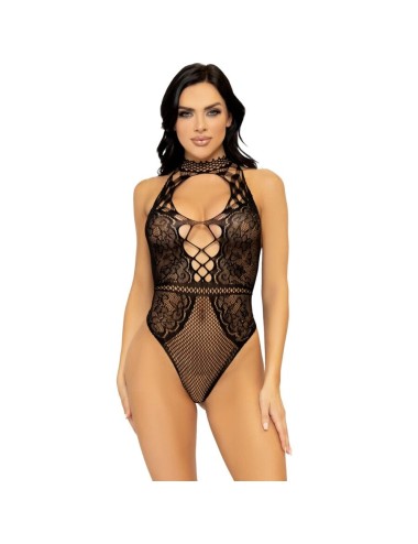 LEG AVENUE - NET AND LACE KEYHOLE HALTER BODYSUIT ONE SIZE