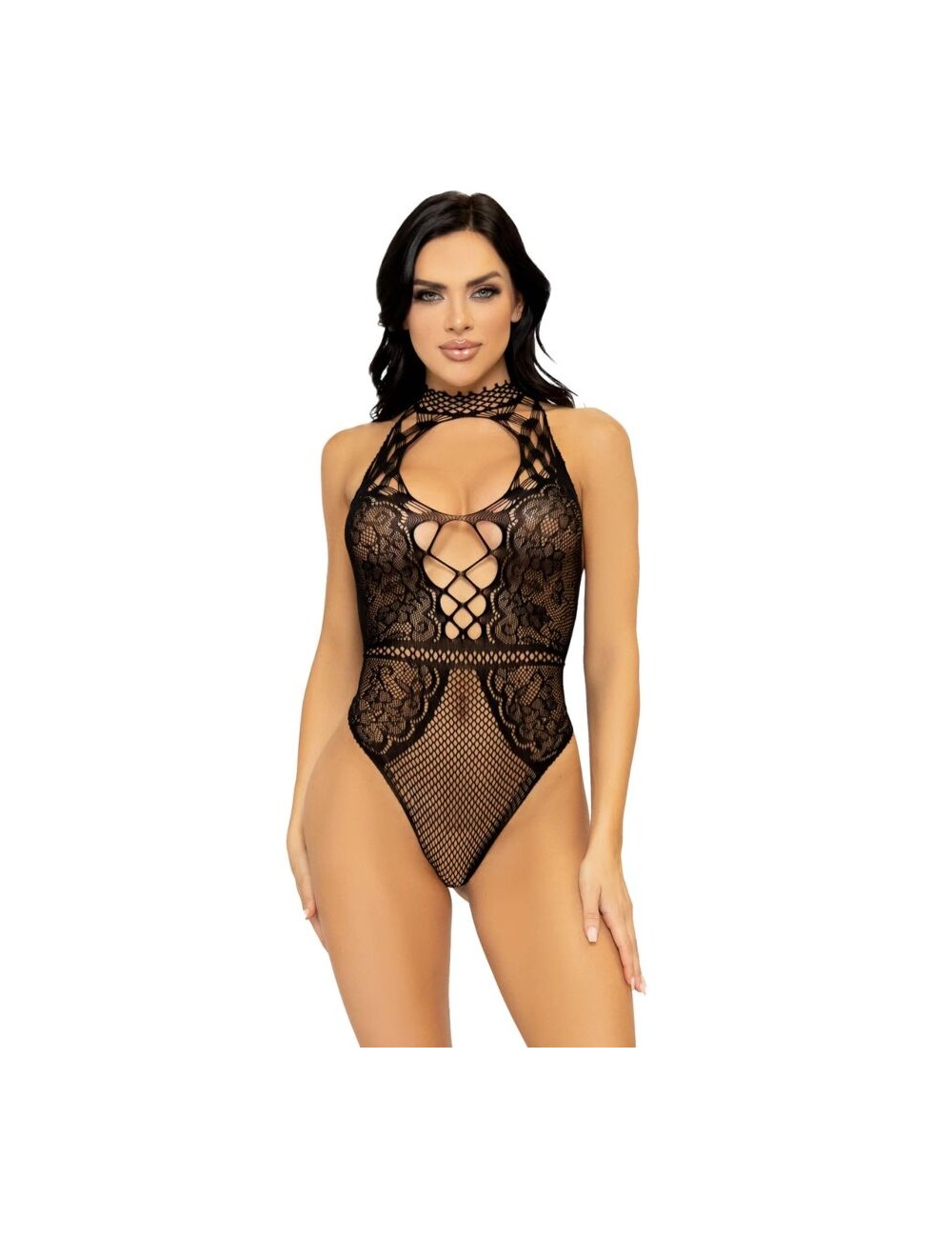 LEG AVENUE - NET AND LACE KEYHOLE HALTER BODYSUIT ONE SIZE