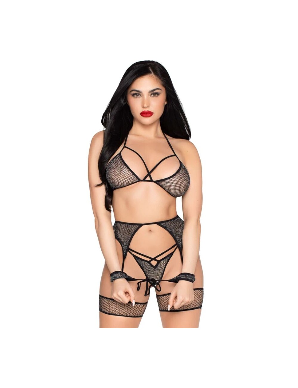 LEG AVENUE - 89362 TOP + THONG+ GARTER BELT + HANDCUFFS SET BLACK - ONE SIZE