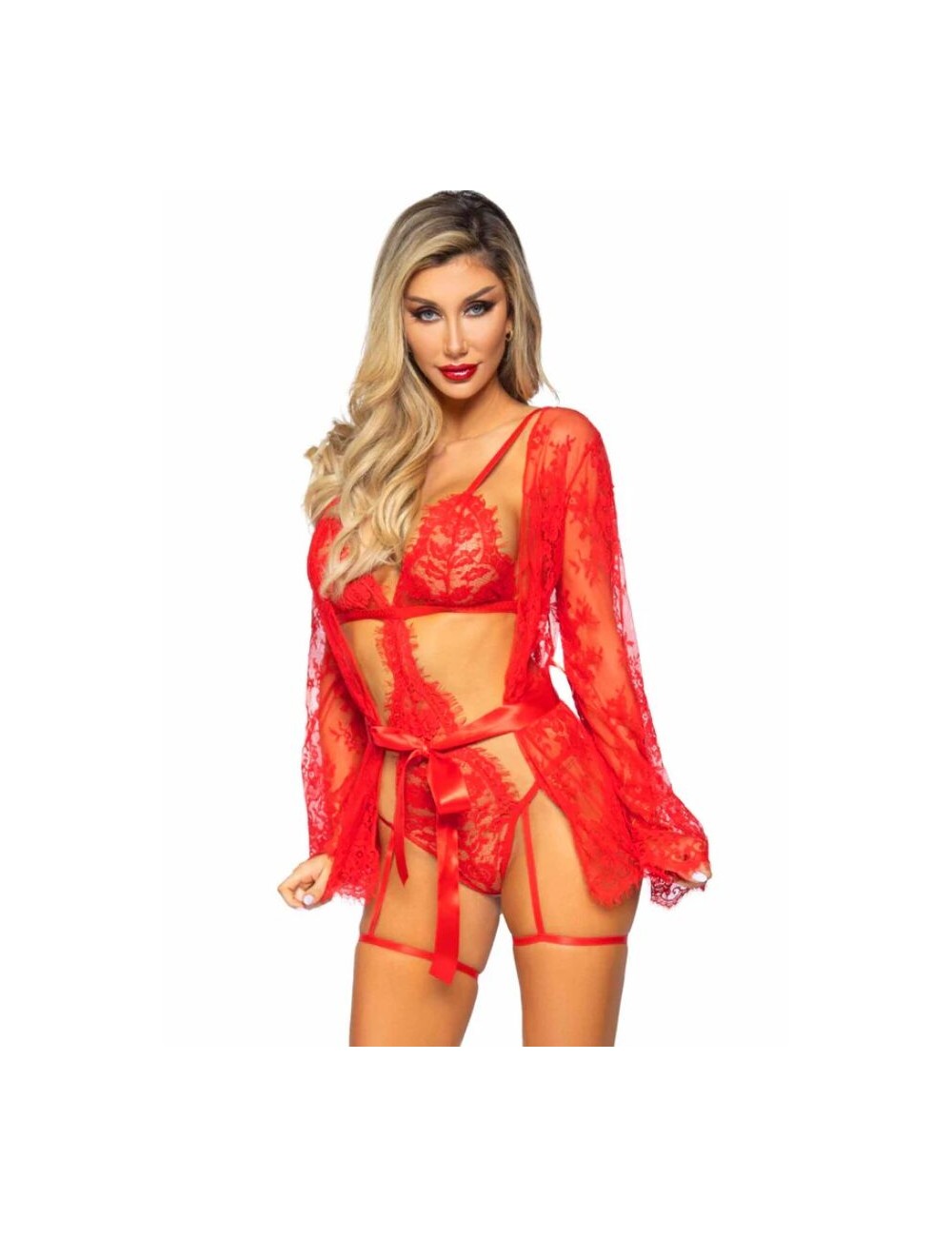 LEG AVENUE - 86123 TEDDY + GARTER ROBE SET RED SIZE S