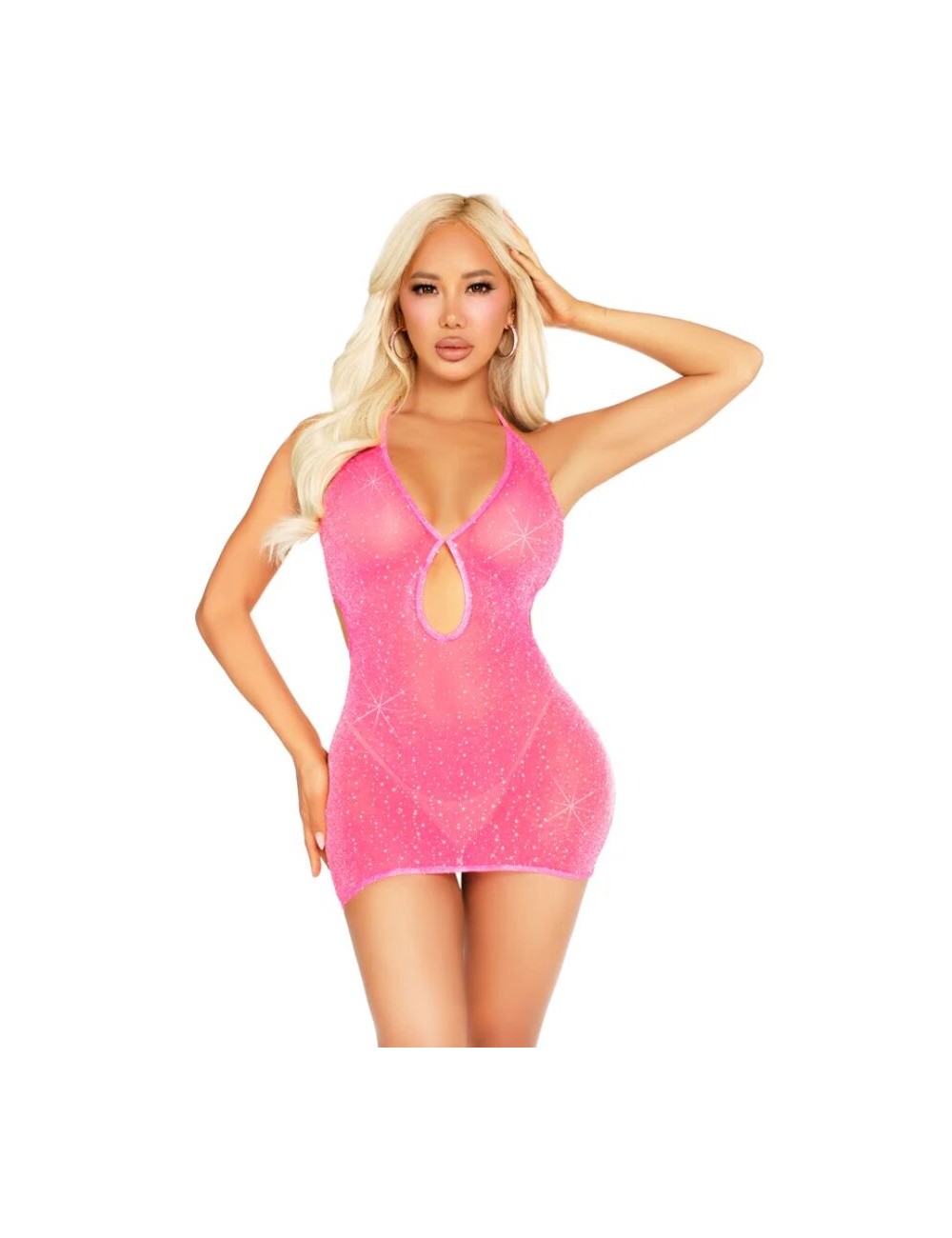 LEG AVENUE - 87203 PINK RHINESTONE HALTER MINI DRESS - ONE SIZE