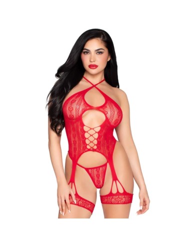 LEG AVENUE - 89338 LACE OPEN BODYSUIT WITH GARTER BELT + THONG RED - ONE SIZE
