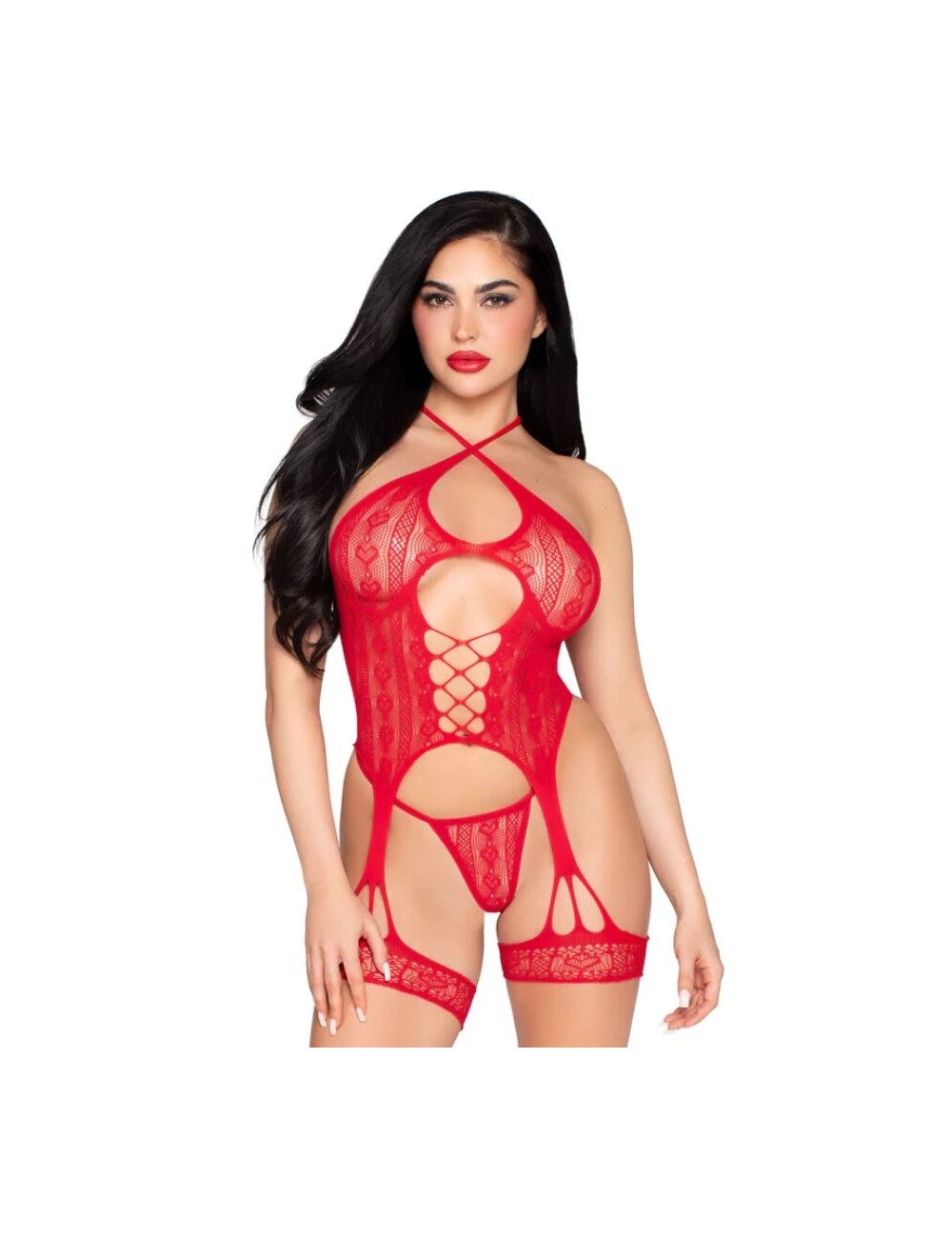 LEG AVENUE - 89338 LACE OPEN BODYSUIT WITH GARTER BELT + THONG RED - ONE SIZE