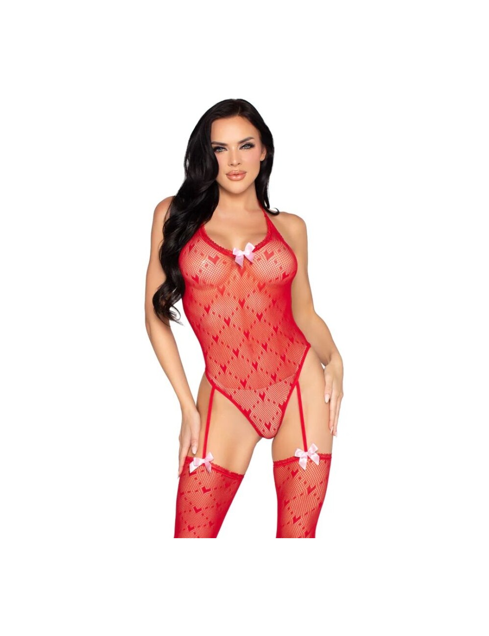 LEG AVENUE - 89360 OPEN BACK BODYSUIT WITH GARTER BELT RED - ONE SIZE