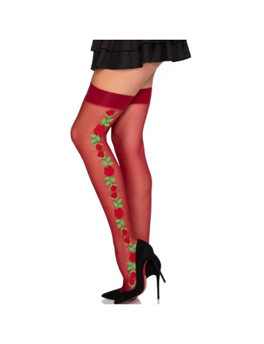 LEG AVENUE - 1957 GARTER BELT STOCKINGS WITH RED FLOWERS - ONE SIZE