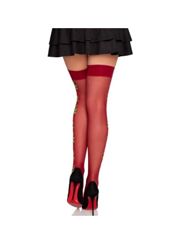 LEG AVENUE - 1957 GARTER BELT STOCKINGS WITH RED FLOWERS - ONE SIZE
