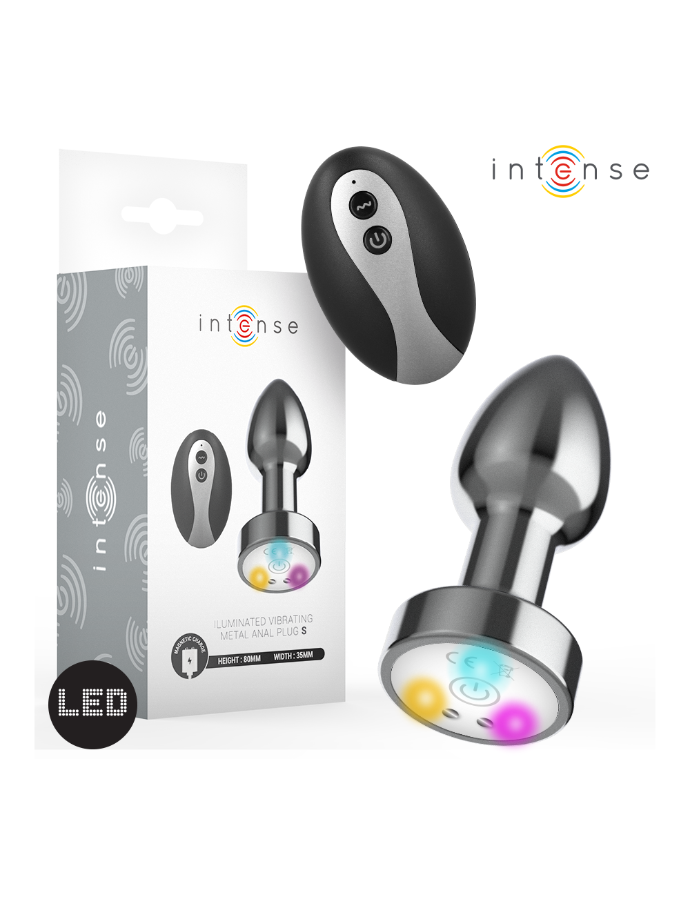 INTENSE - VIBRATING METAL ANAL PLUG WITH LED LIGHTS AND REMOTE CONTROL - SIZE S