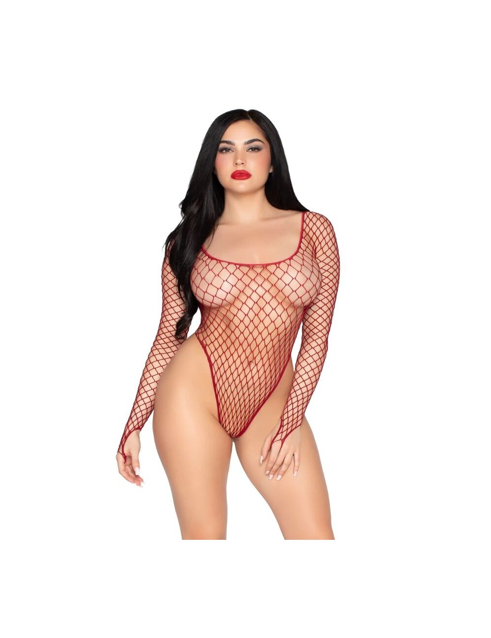 LEG AVENUE - 89377 HIGH-CUT INDUSTRIAL NET BODYSUIT RED - ONE SIZE