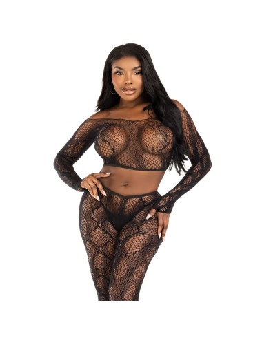 LEG AVENUE - 89373 PYTHON CROP TOP & FOOTLESS TIGHTS BLACK - ONE SIZE