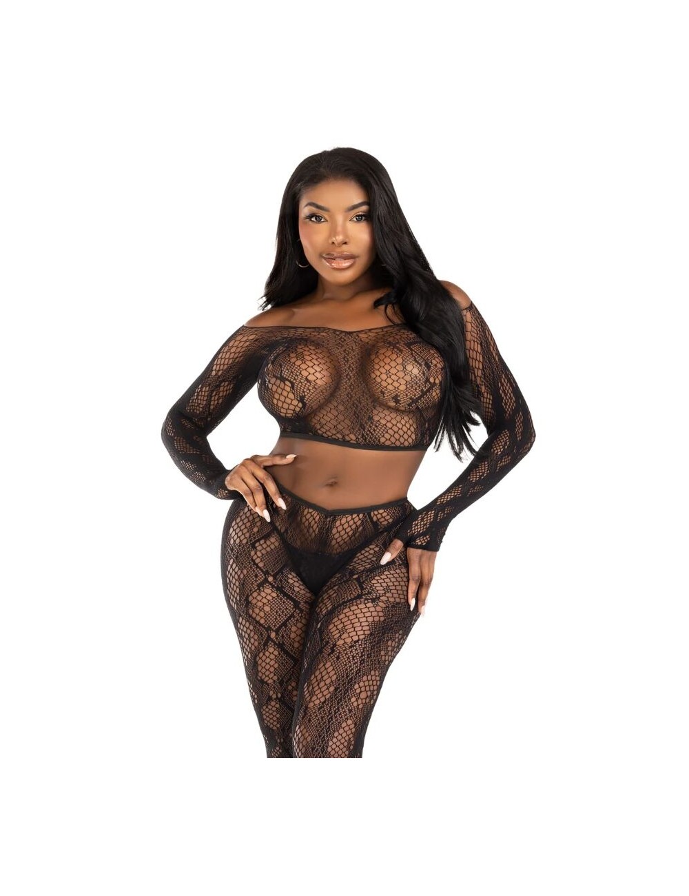 LEG AVENUE - 89373 PYTHON CROP TOP & FOOTLESS TIGHTS BLACK - ONE SIZE