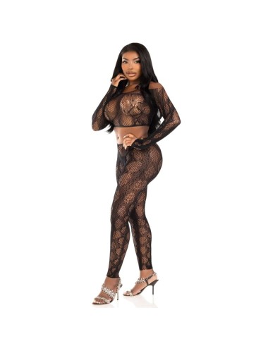 LEG AVENUE - 89373 PYTHON CROP TOP & FOOTLESS TIGHTS BLACK - ONE SIZE