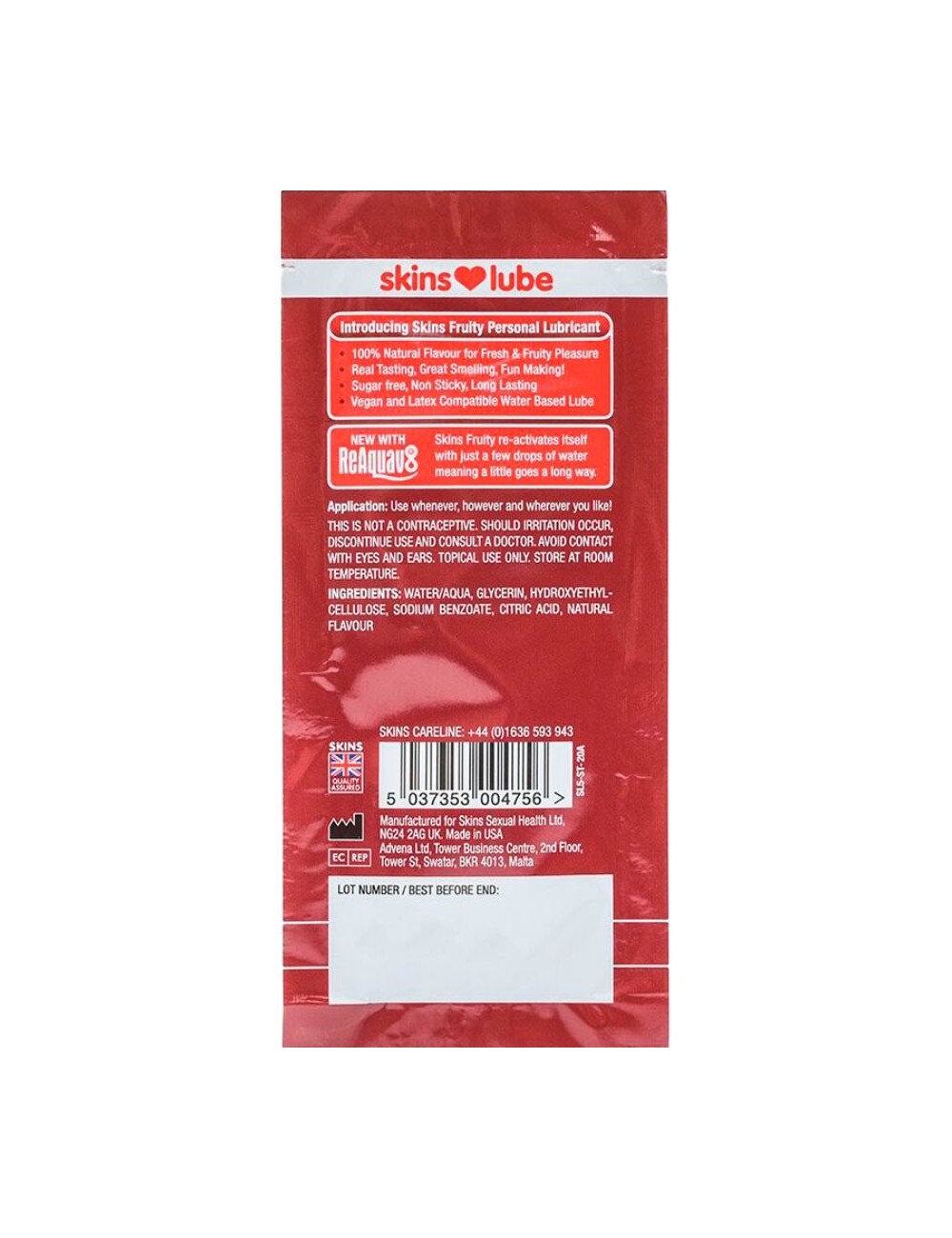 SKINS - FRUITY WATER-BASED LUBRICANT STRAWBERRY SINGLE-DOSE 5 ML