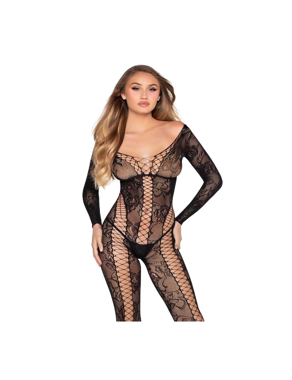 LEG AVENUE - 89369 NET & LACE JUMPSUIT BLACK - ONE SIZE